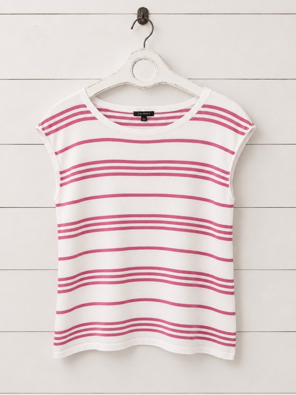NWT Talbots White Top with Pink Stripes - Cap Sleeve Boatneck
